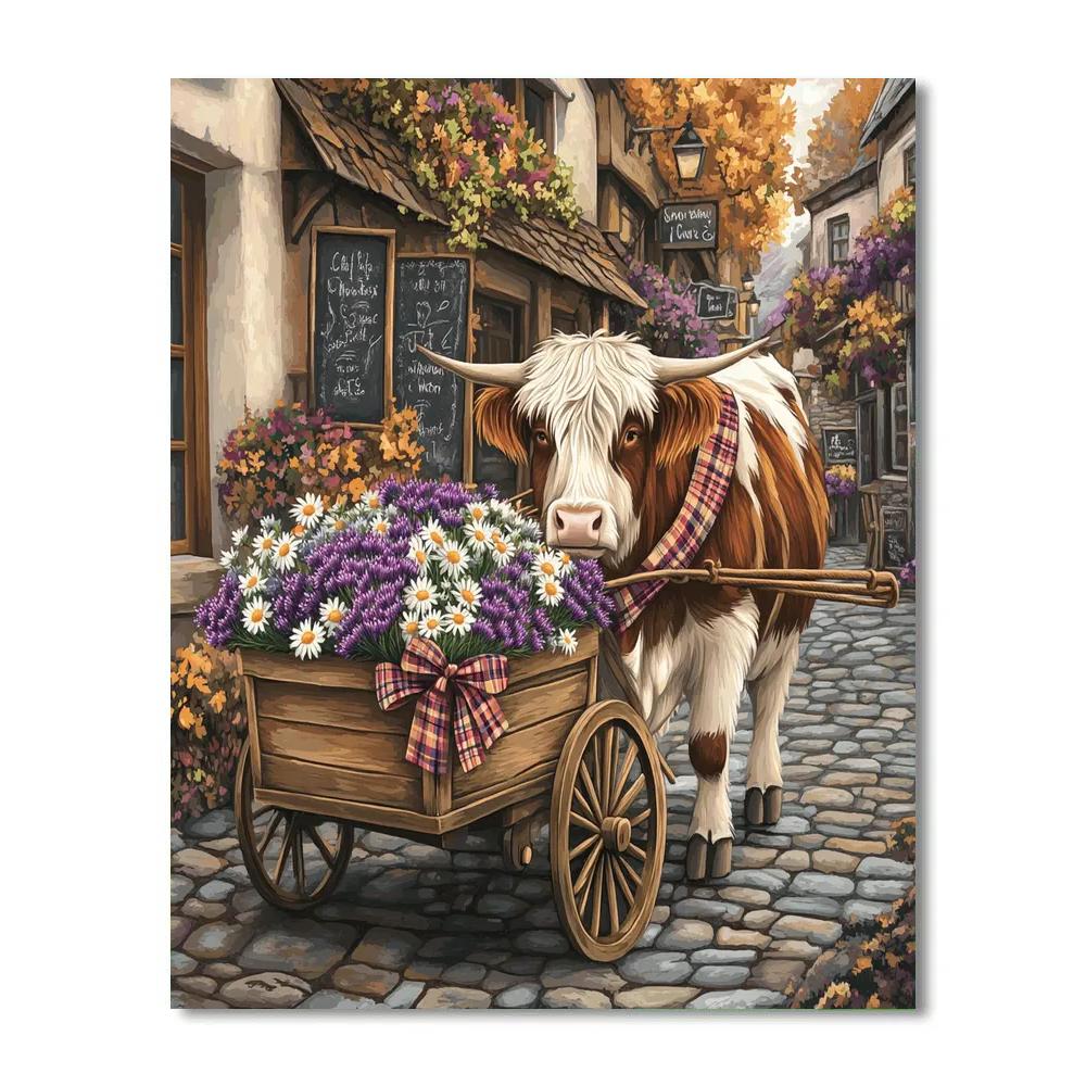 Highland Cow With The Market Flower Cart Painting by numbers kit