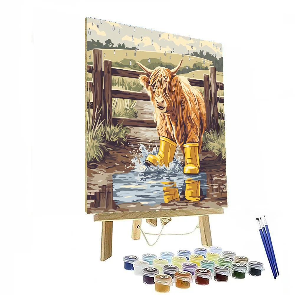 Highland Cow In The Rainy Day Puddle Boots paint by number