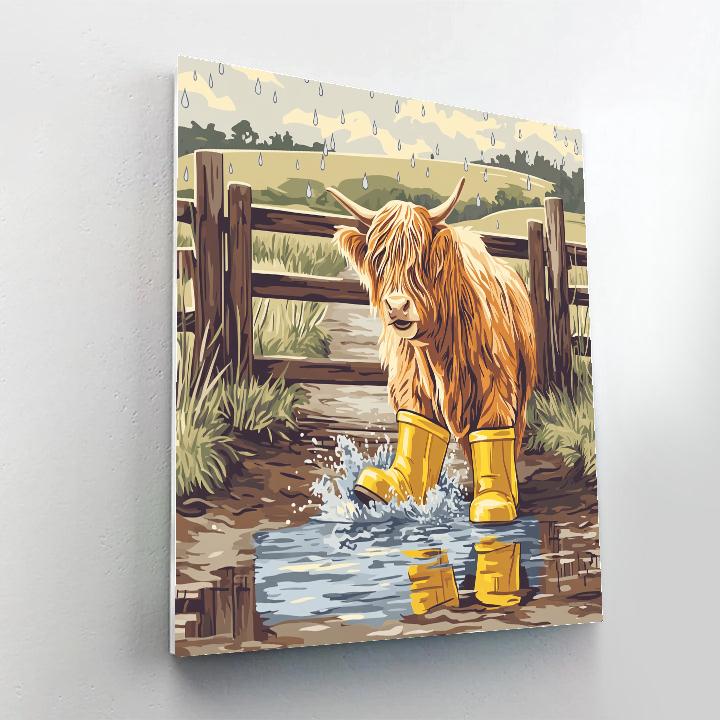 Highland Cow In The Rainy Day Puddle Boots paint by number