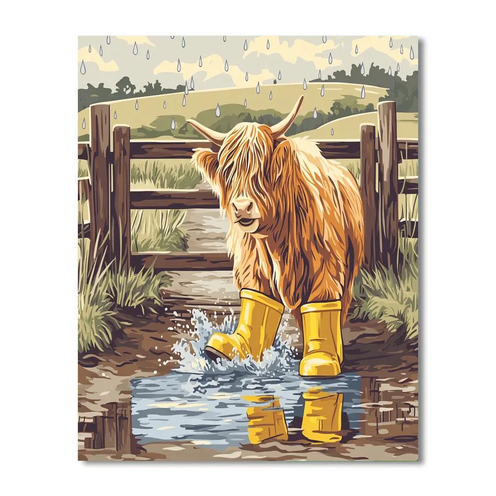 Highland Cow In The Rainy Day Puddle Boots paint by number