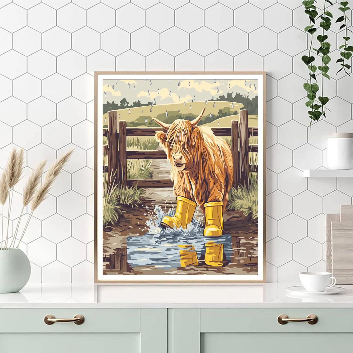 Highland Cow In The Rainy Day Puddle Boots paint by number