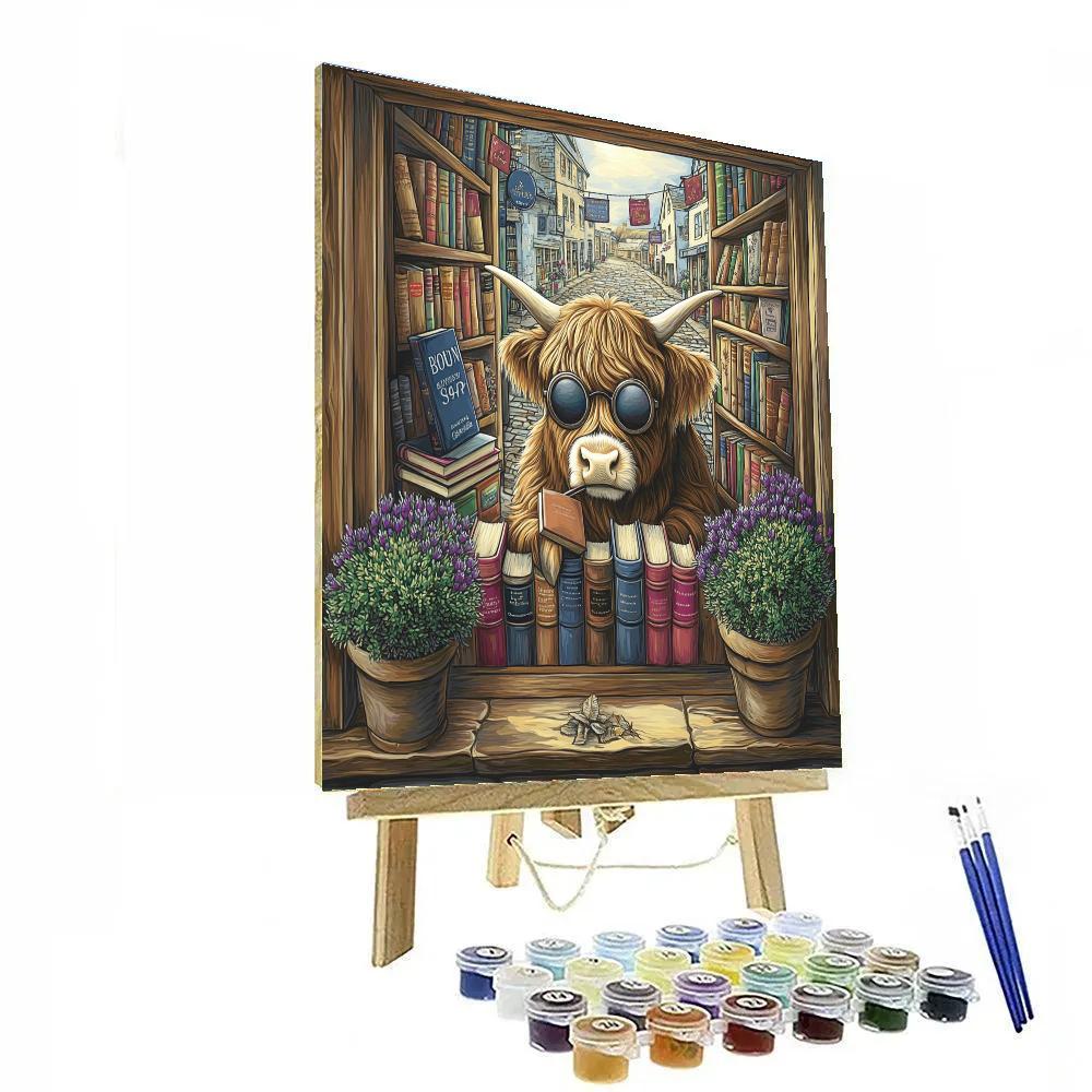 Highland Cow In The Thistle Bookshop Window Painting by numbers kit