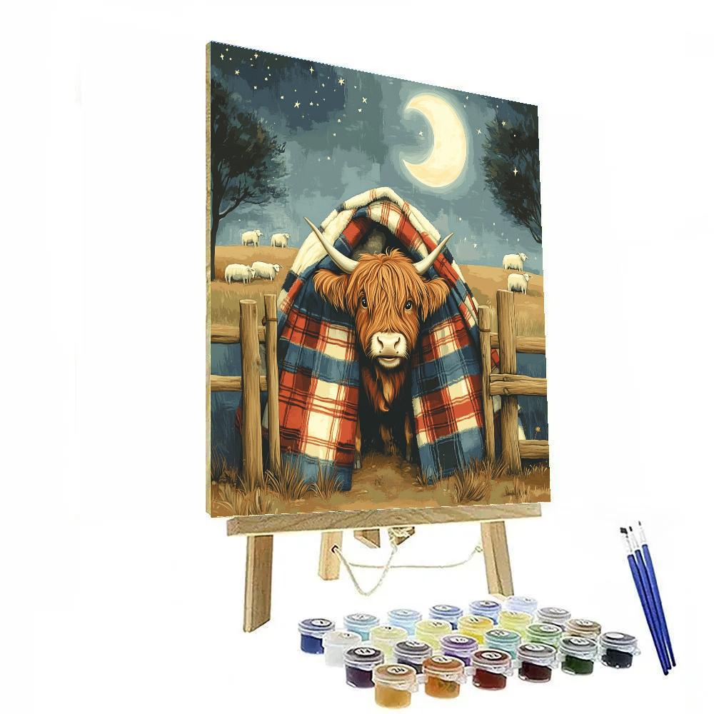 Highland Cow Moonlit Tartan Blanket Fort paint by number