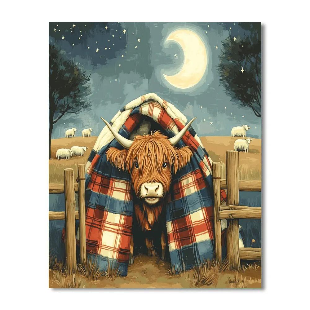 Highland Cow Moonlit Tartan Blanket Fort paint by number