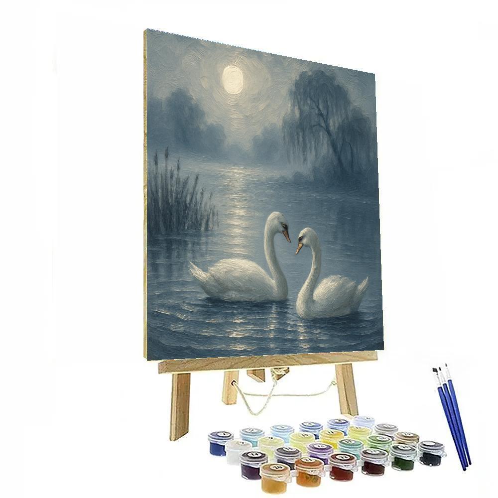 Moonlit Swans On A Misty Reed Lake DIY paint by numbers