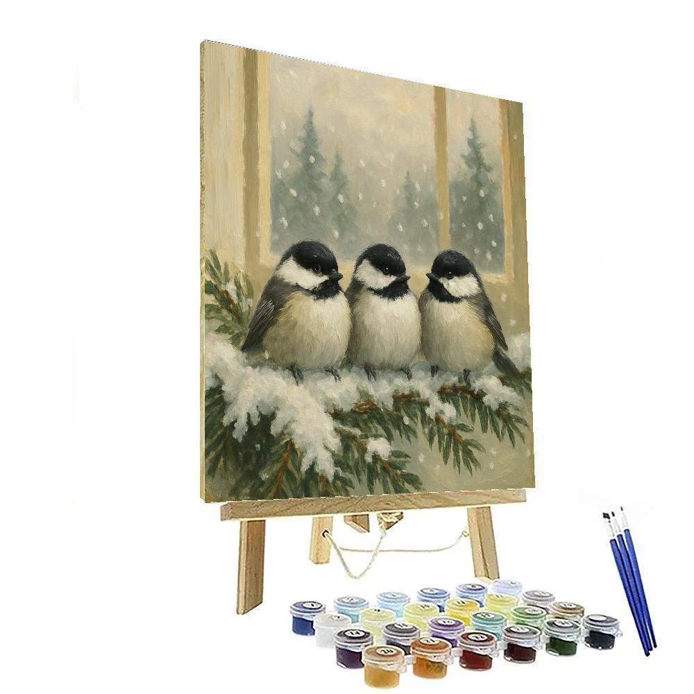 Snow Dusted Chickadees In A Pine Window View paint by color