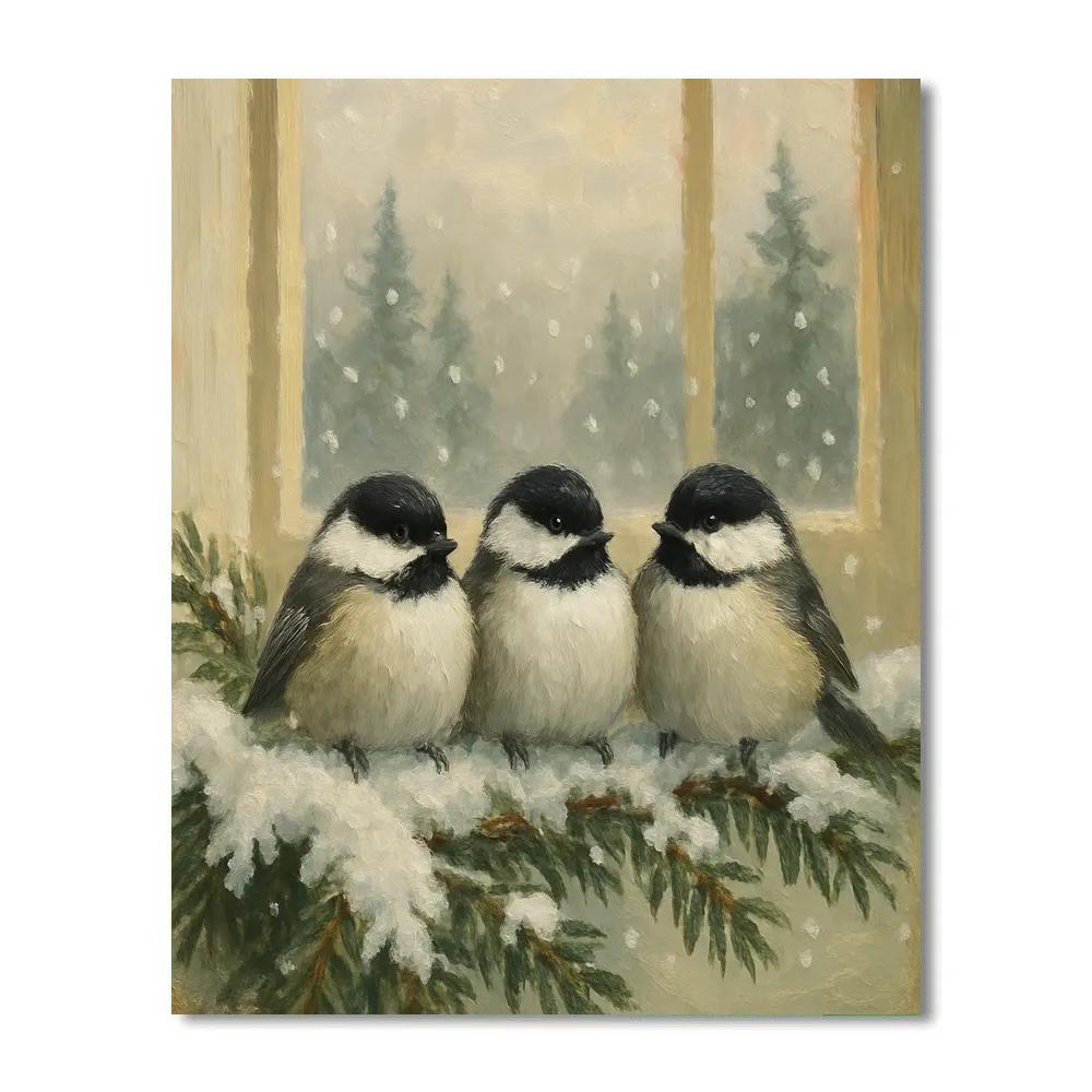 Snow Dusted Chickadees In A Pine Window View paint by color