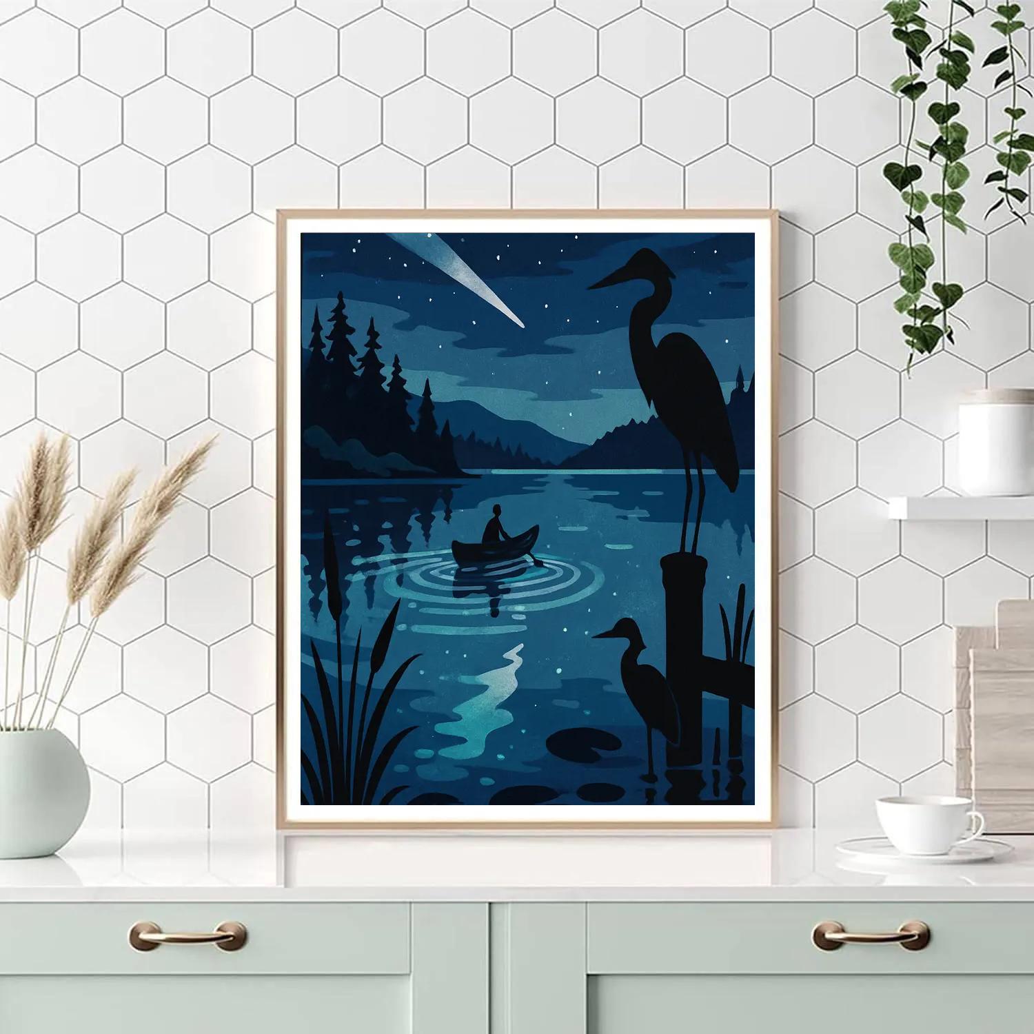 Canoe Drift On Lake Under Bioluminescent Sky paint by color