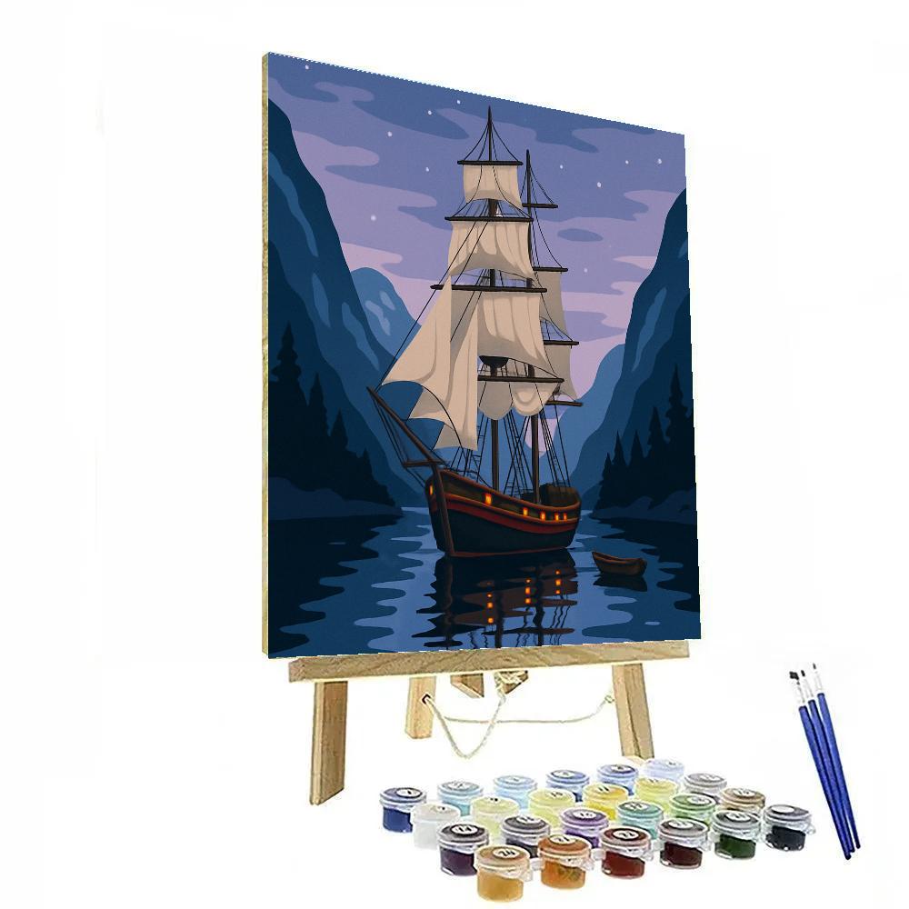 Lanternlit Tall Ship In Quiet Fjord paint by color