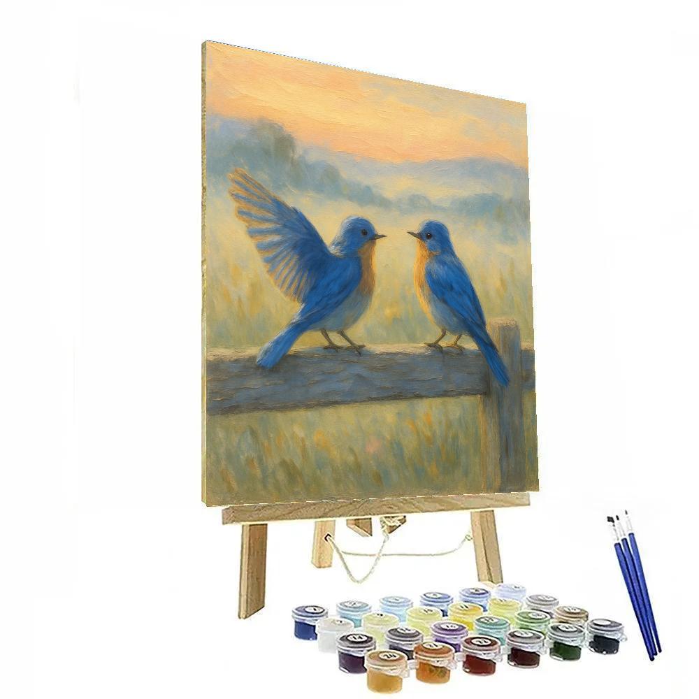 Bluebirds On A Weathered Fence At Dawn paint by numbers