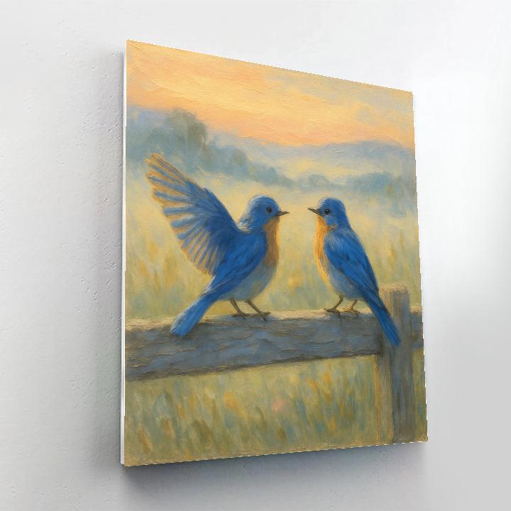 Bluebirds On A Weathered Fence At Dawn paint by numbers