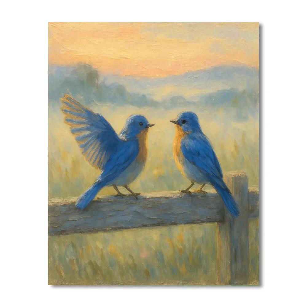 Bluebirds On A Weathered Fence At Dawn paint by numbers