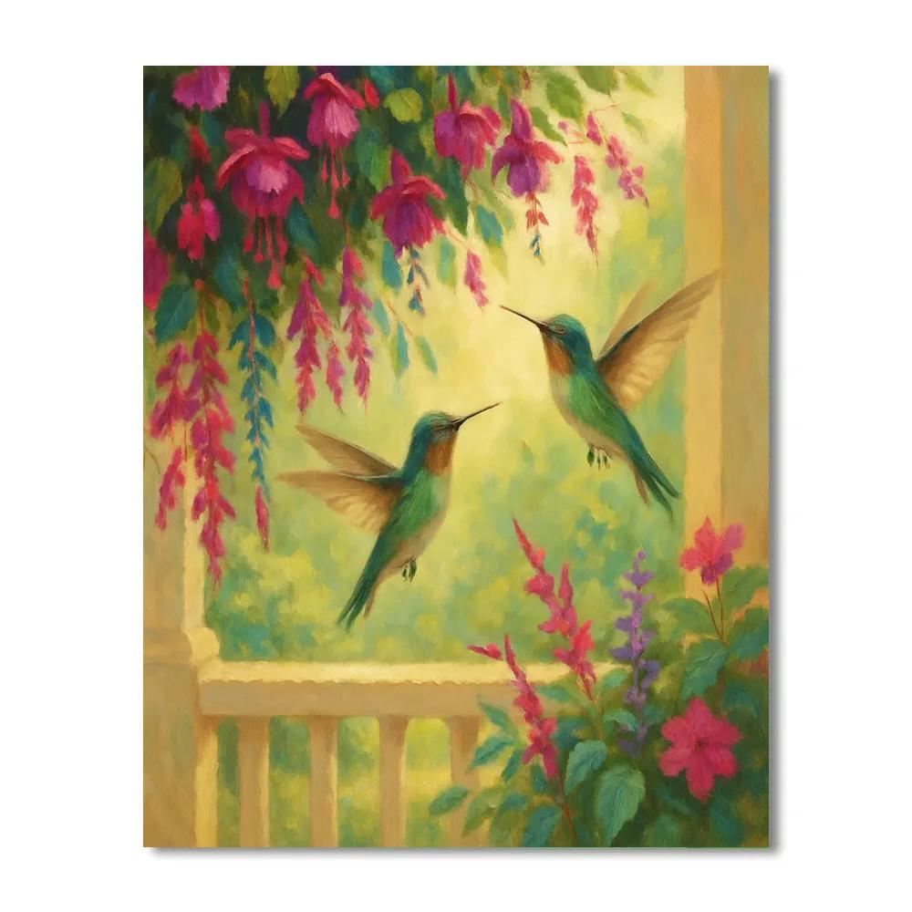 Hummingbirds In A Cozy Porch Flower Cascade paint by numbers