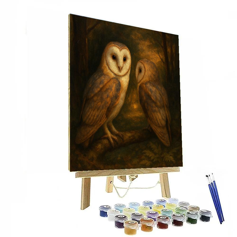 Barn Owls In A Candle Warm Forest Clearing paint by numbers