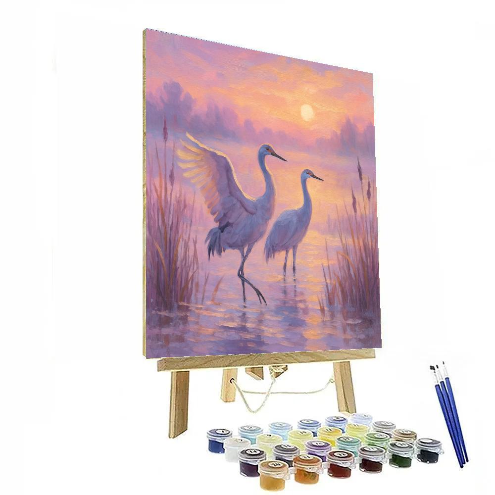 Cranes At Sunrise Over A Quiet Marsh paint by number