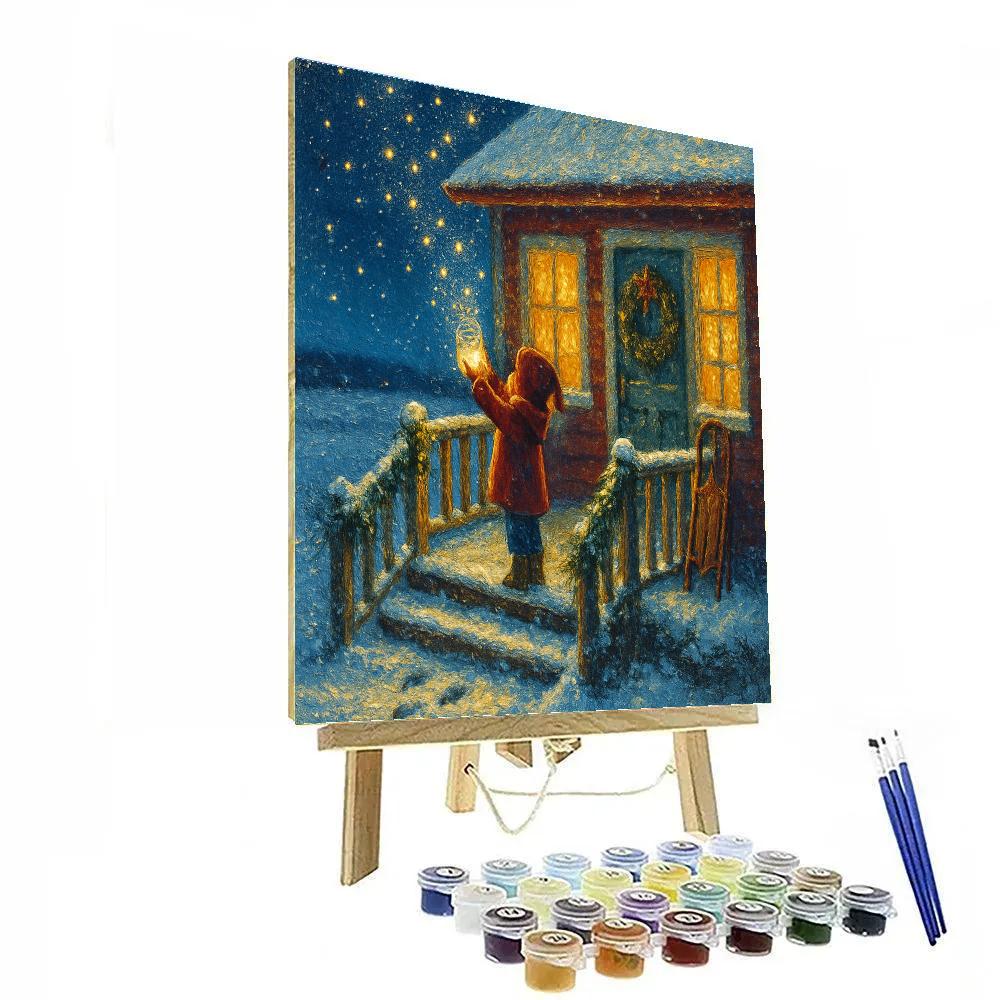 Snowy Farmhouse With Firefly Starlight painting number kit