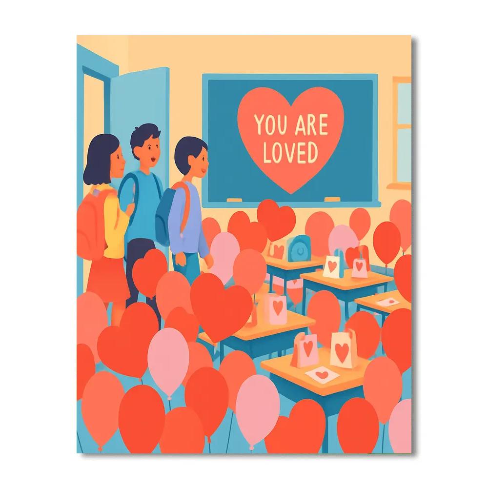 Valentines Day Balloon Filled Classroom Surprise Paint by numbers art