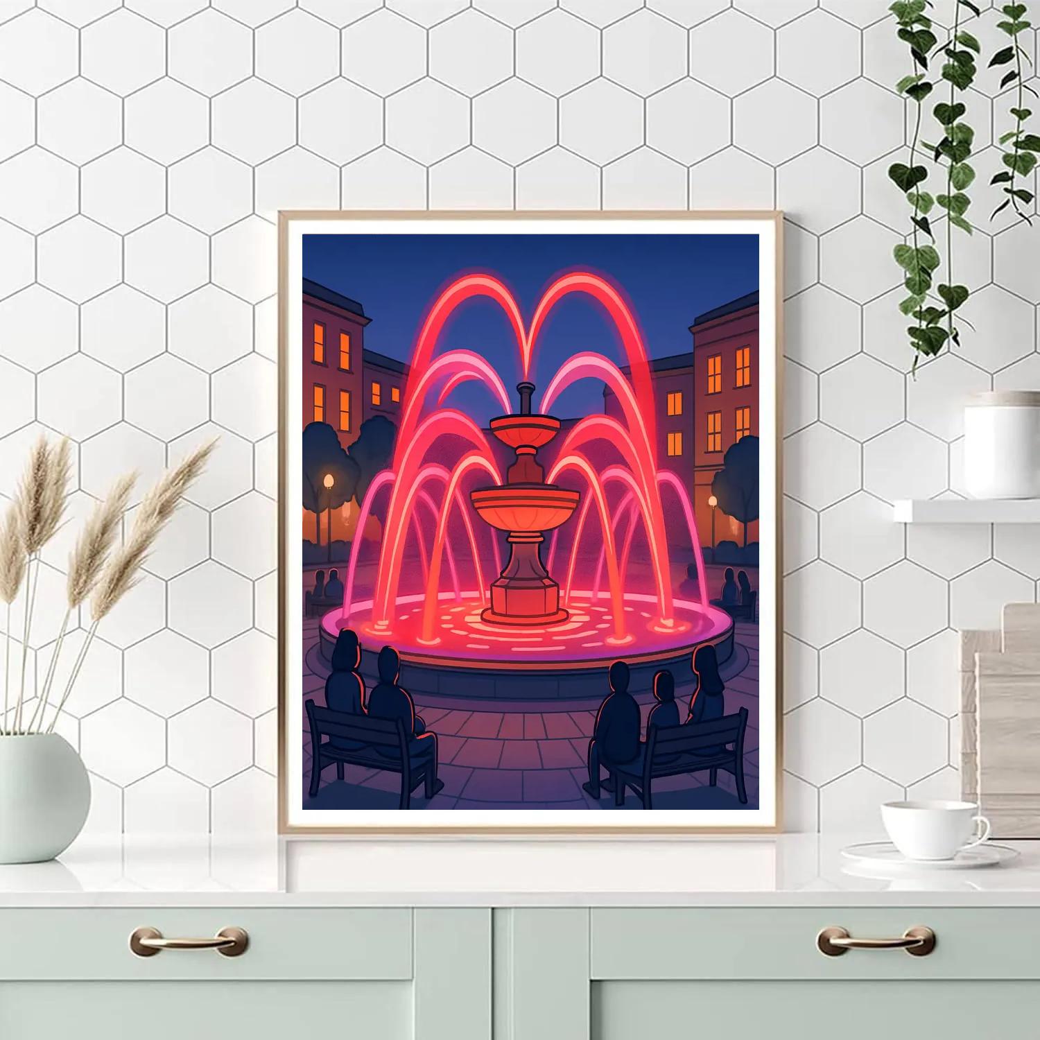 Valentines Day City Fountain Light Show Number painting