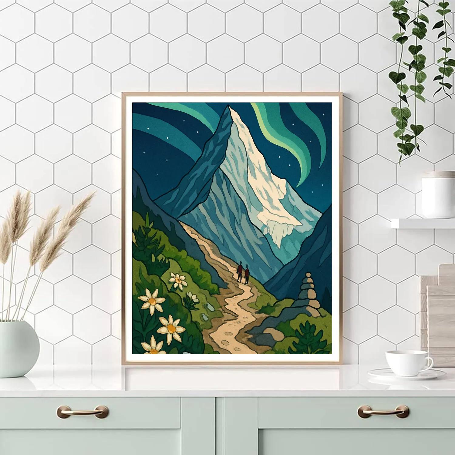 Aurora Lit Mountain Switchback Number painting