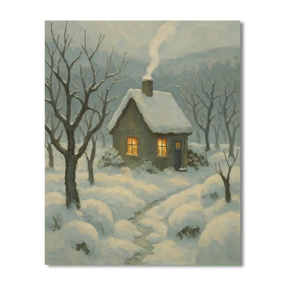 Cottage Hearth Glow In A Snowy Orchard Hollow paint by color