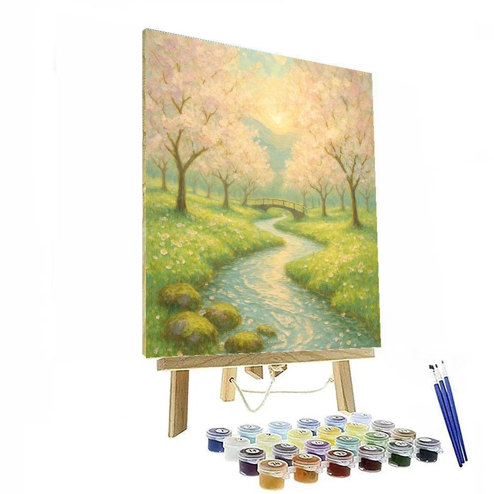 Sunlit Orchard Stream With Floating Petals Numbered painting kits