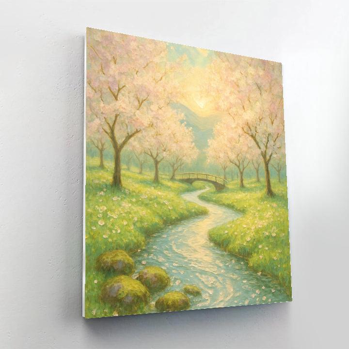 Sunlit Orchard Stream With Floating Petals Numbered painting kits
