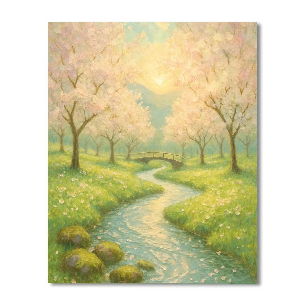 Sunlit Orchard Stream With Floating Petals Numbered painting kits