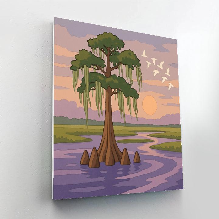 River Delta At Dusk With Tree Sentinel paint by color