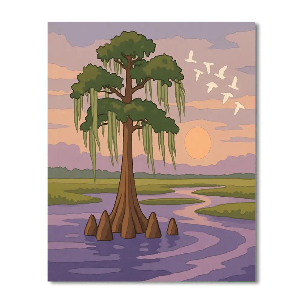 River Delta At Dusk With Tree Sentinel paint by color