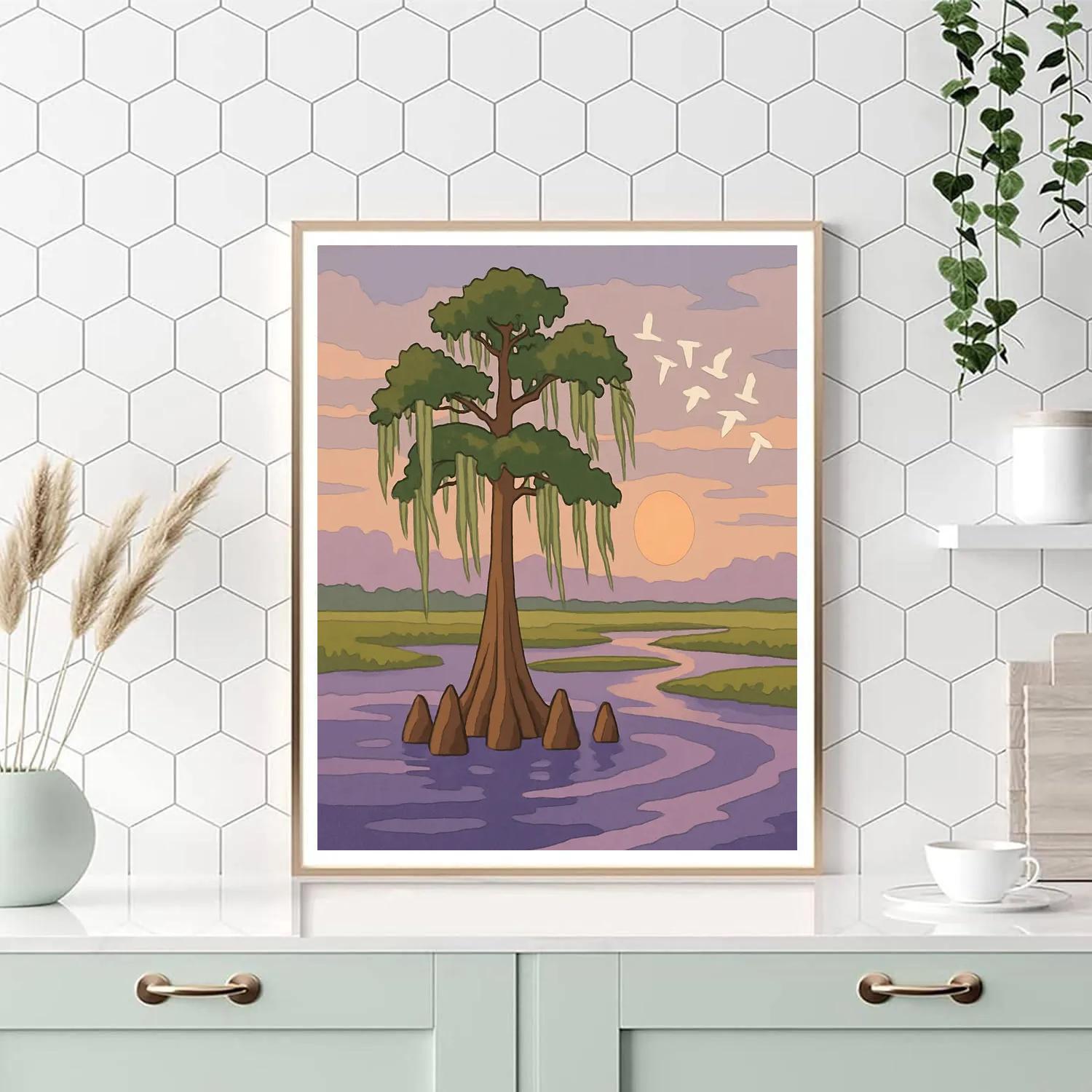 River Delta At Dusk With Tree Sentinel paint by color