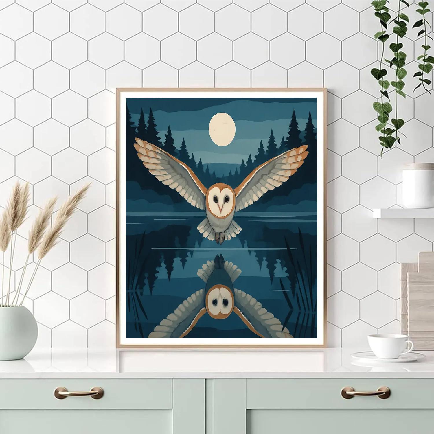 Silent Flight Over Mirror Lake With Owl Number painting