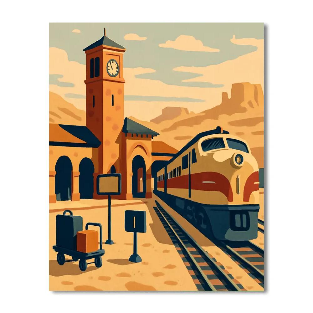 Desert Clocktower Station With Train Arrival Paint by numbers art