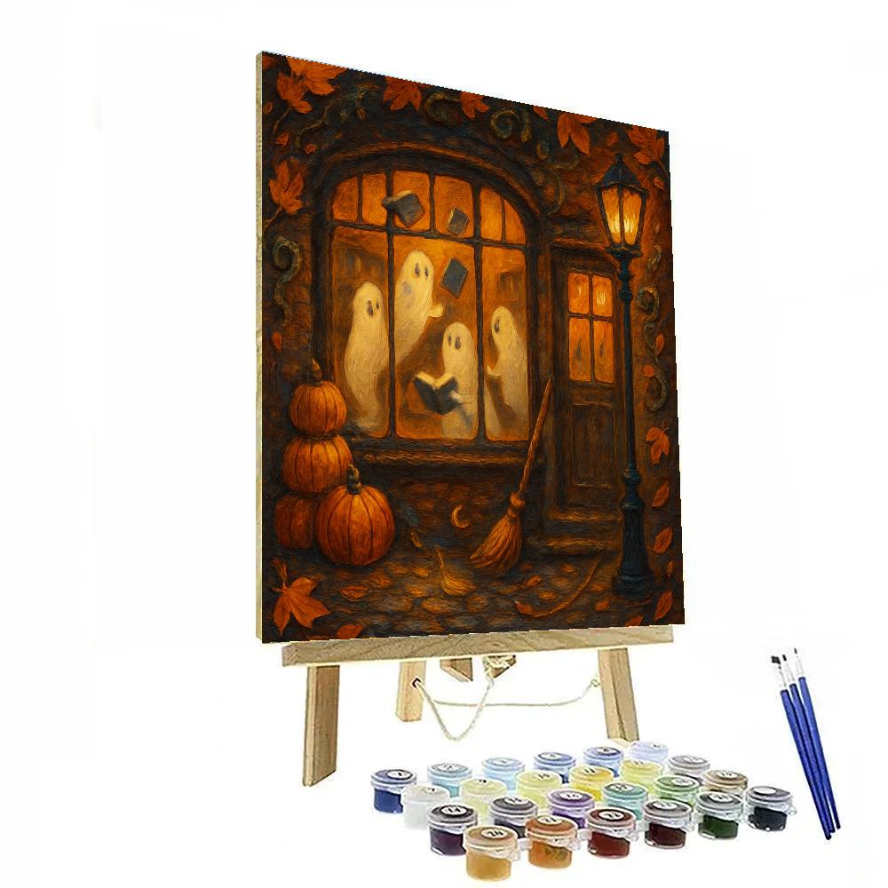 Cozy Haunted Bookshop Window Glow Paint by numbers art
