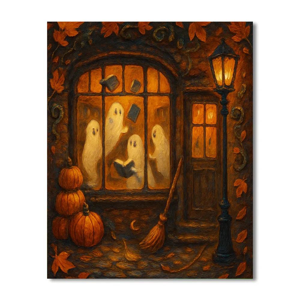 Cozy Haunted Bookshop Window Glow Paint by numbers art