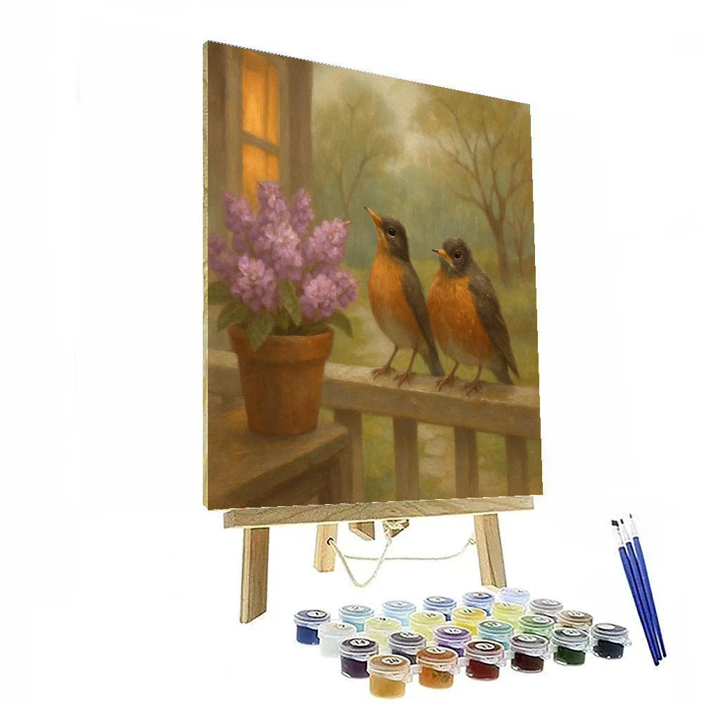 Lilac Porch Robins In Early Spring Drizzle Number painting