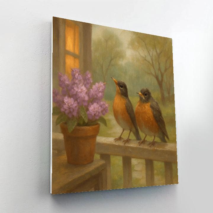 Lilac Porch Robins In Early Spring Drizzle Number painting