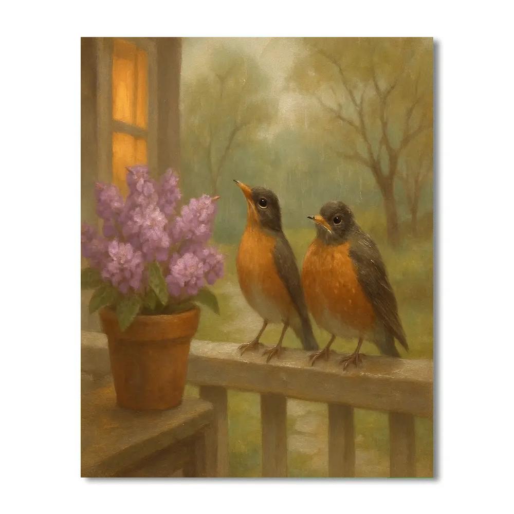 Lilac Porch Robins In Early Spring Drizzle Number painting