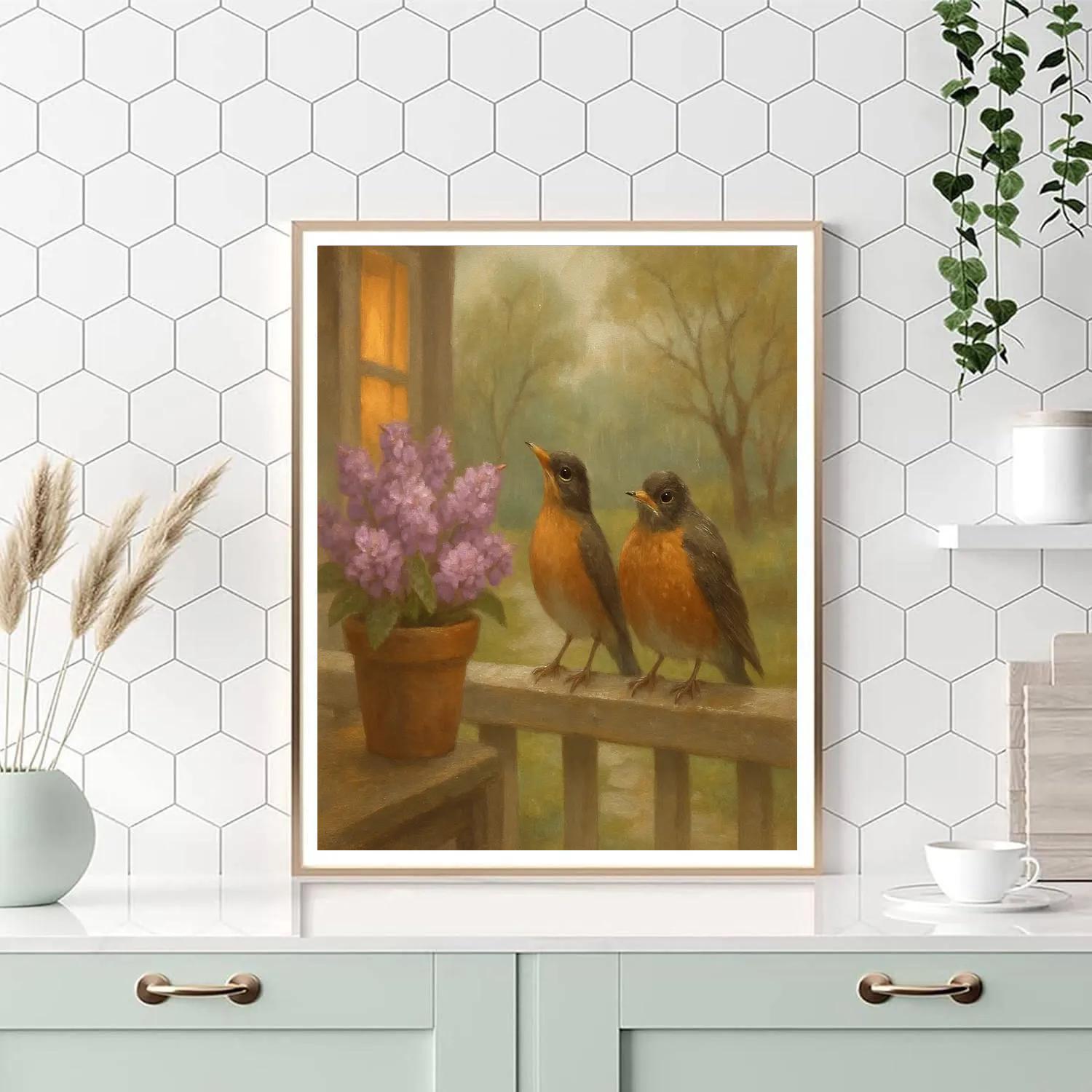 Lilac Porch Robins In Early Spring Drizzle Number painting
