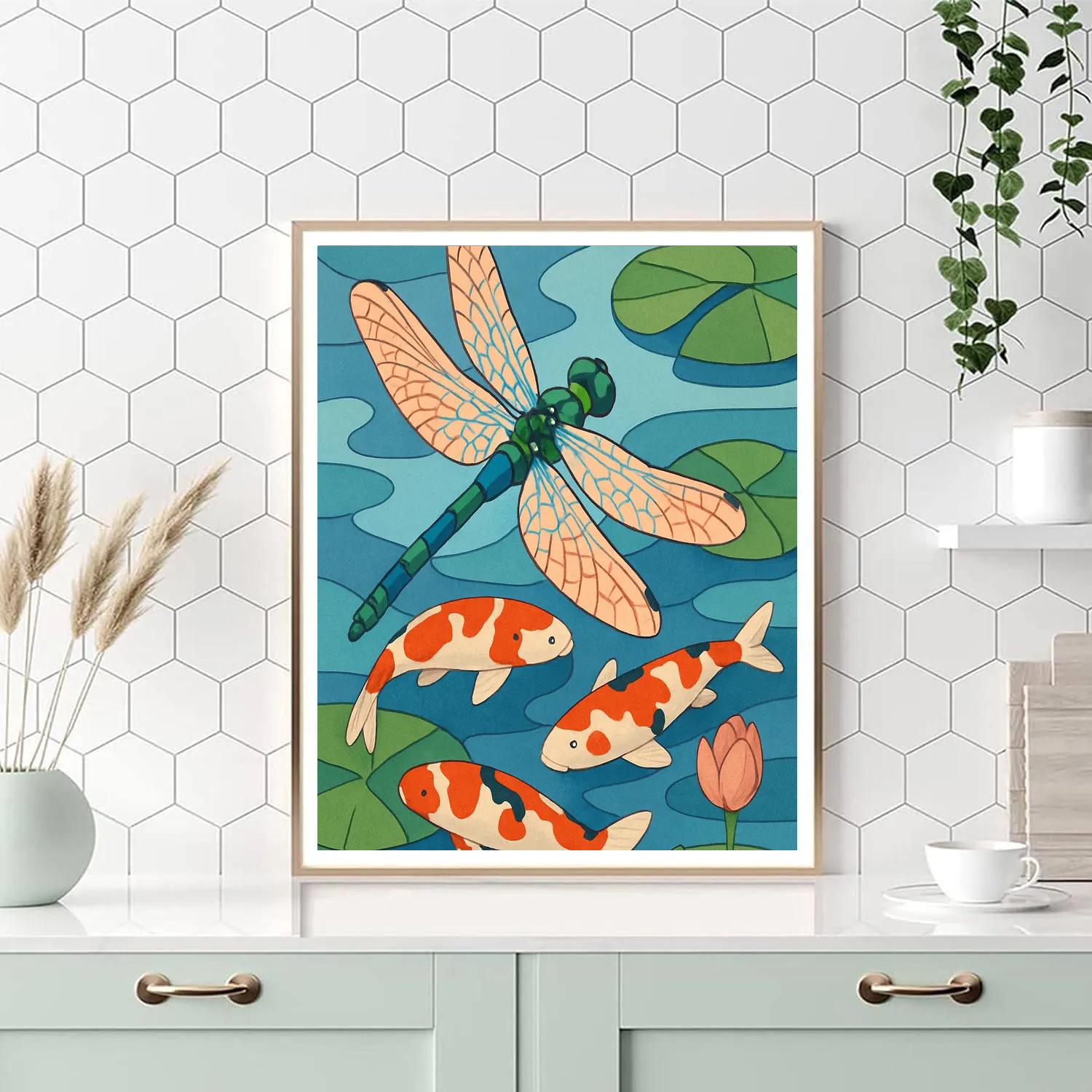 Koi Pond With Dragonfly In Vivid Flight Painting by numbers kit
