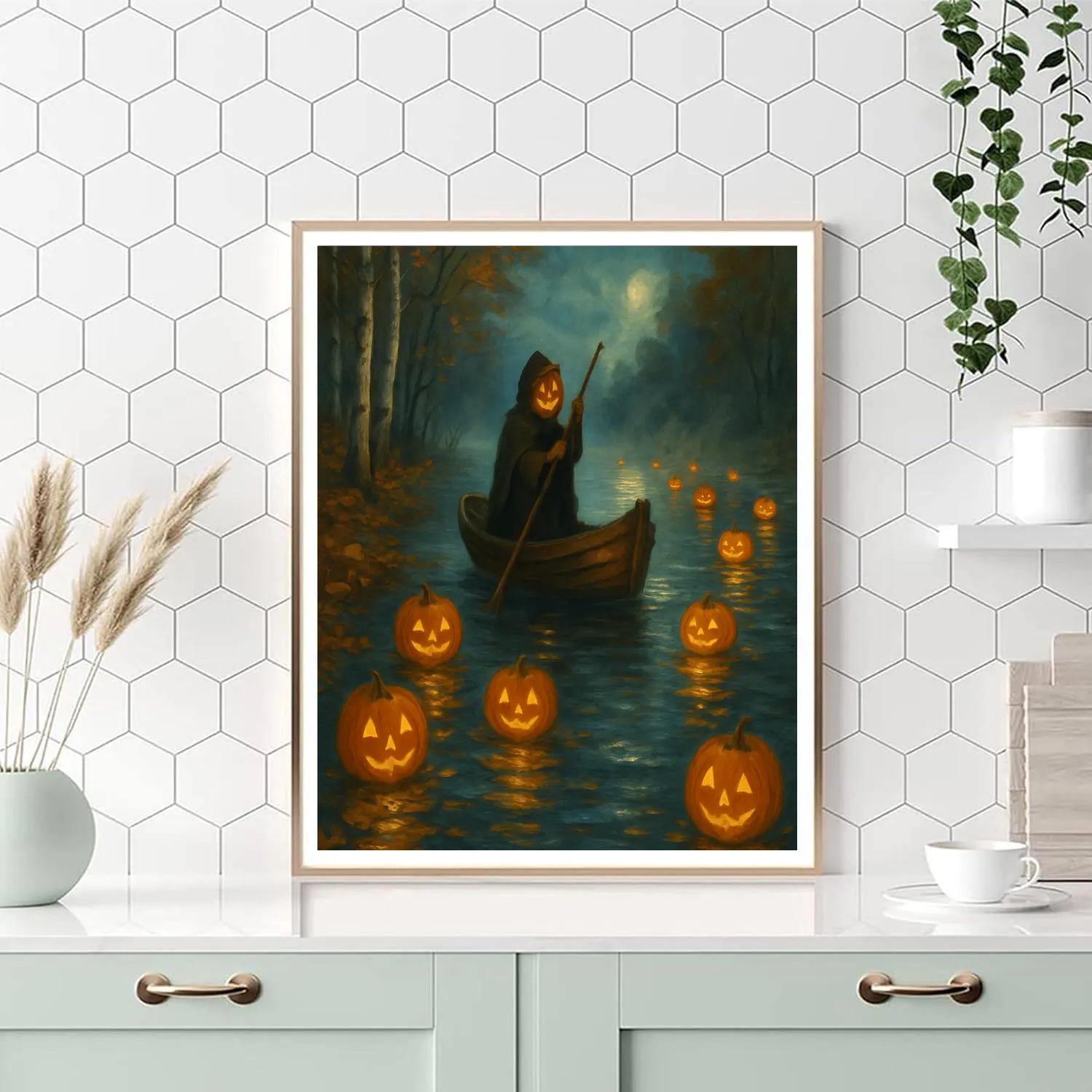 Autumn River Ferry Of Floating Jack O Lanterns Paint by numbers art