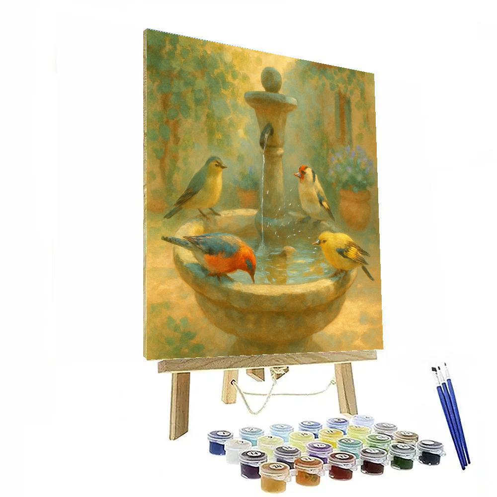 Garden Fountain Finches In Sunlit Ivy Shade painting number kit