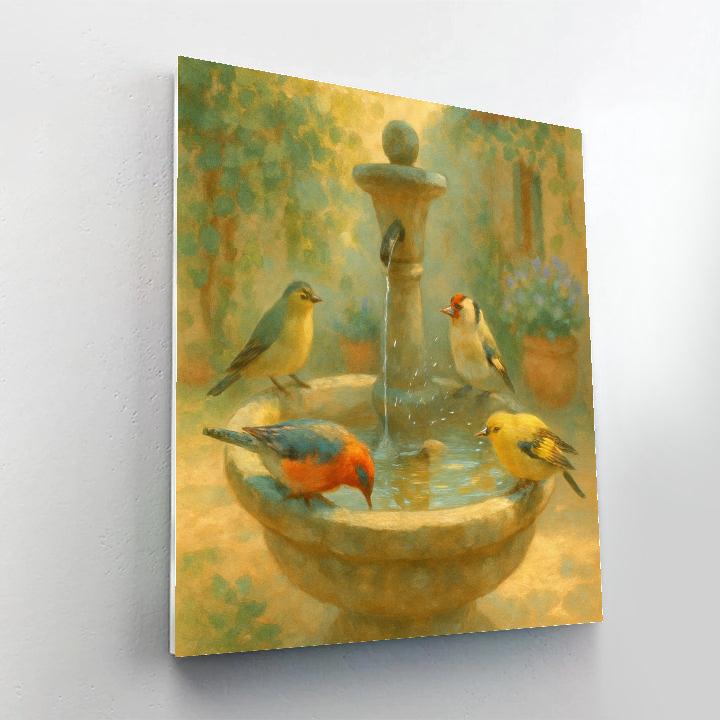 Garden Fountain Finches In Sunlit Ivy Shade painting number kit