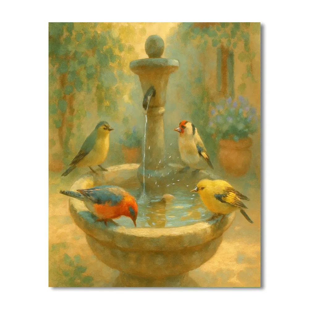 Garden Fountain Finches In Sunlit Ivy Shade painting number kit