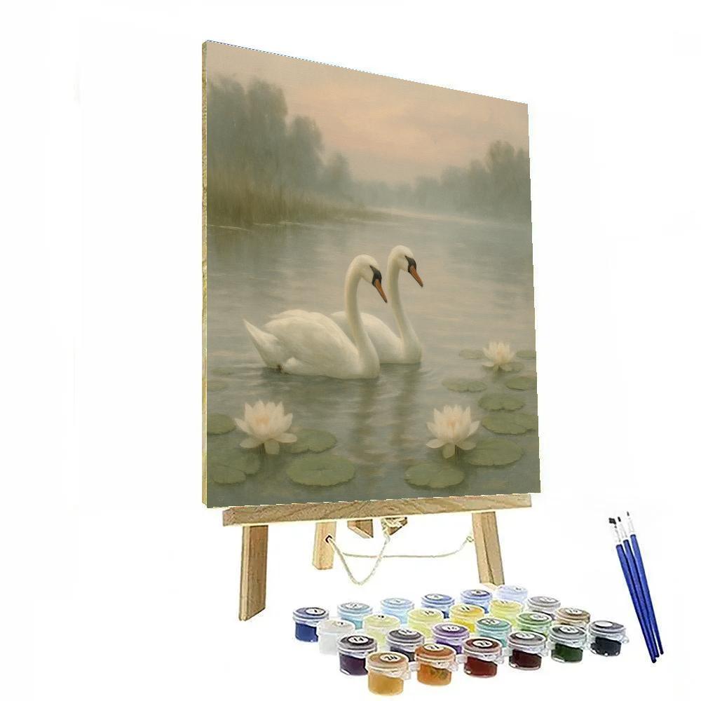 Misty Lakeside Swans Among Water Lilies Paint by numbers kits