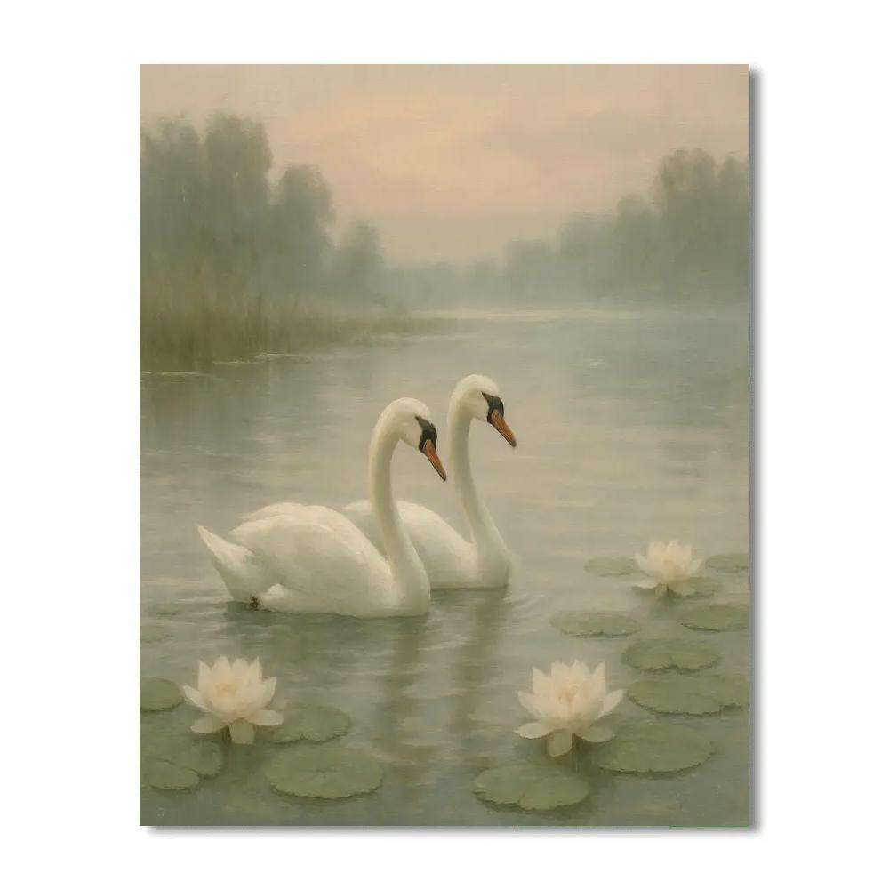 Misty Lakeside Swans Among Water Lilies Paint by numbers kits