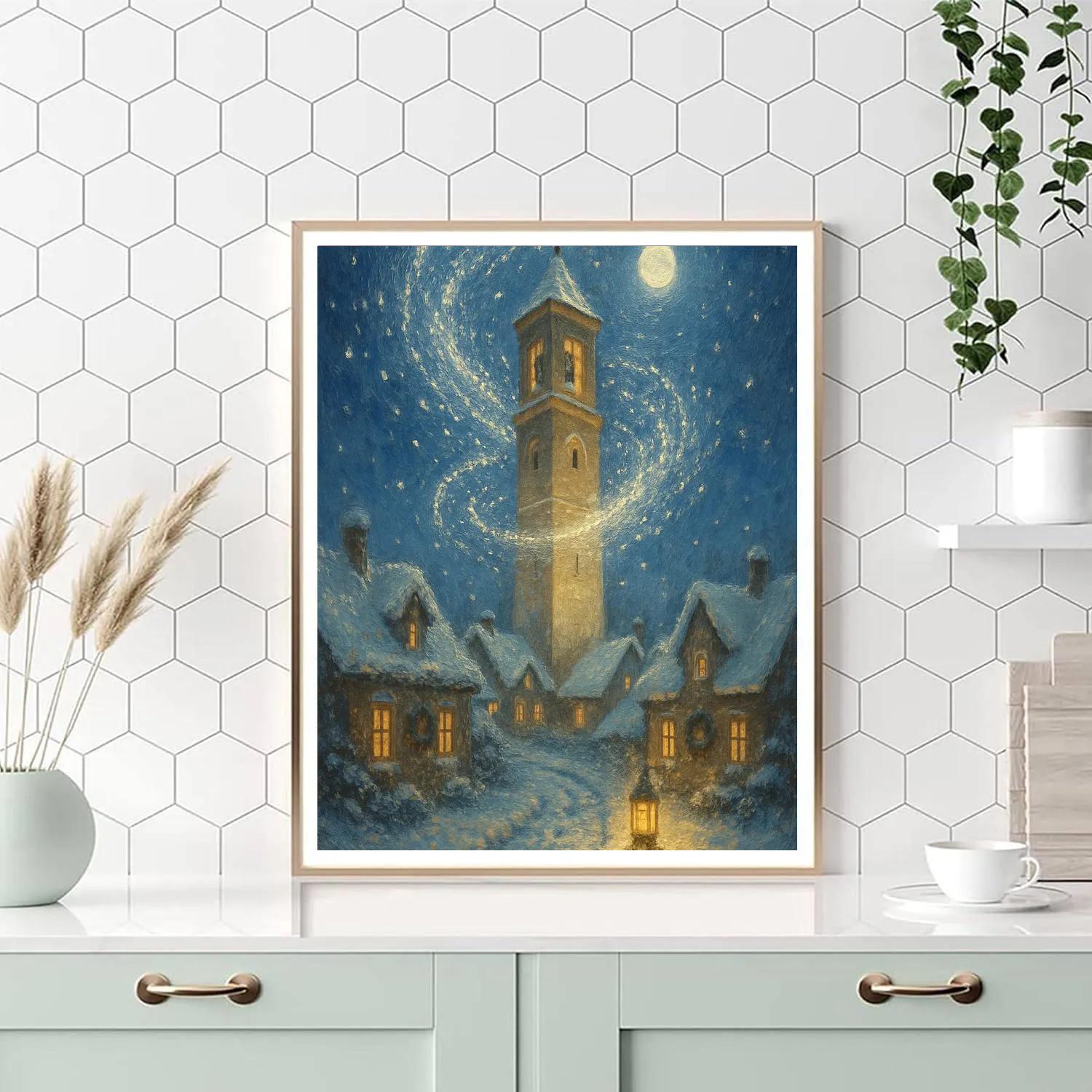 The Quiet Bell Tower Snowfall Spiral Painting by numbers kit
