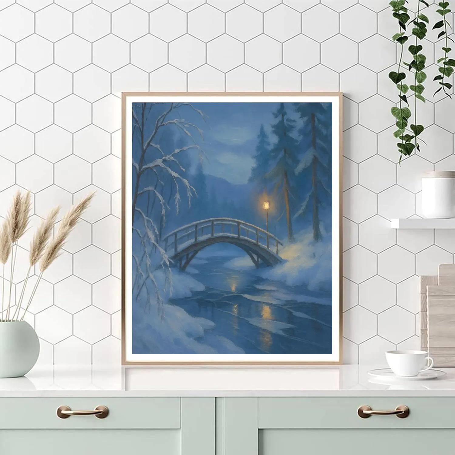 Moonlit Footbridge Over The Glassy Winter Run painting number kit