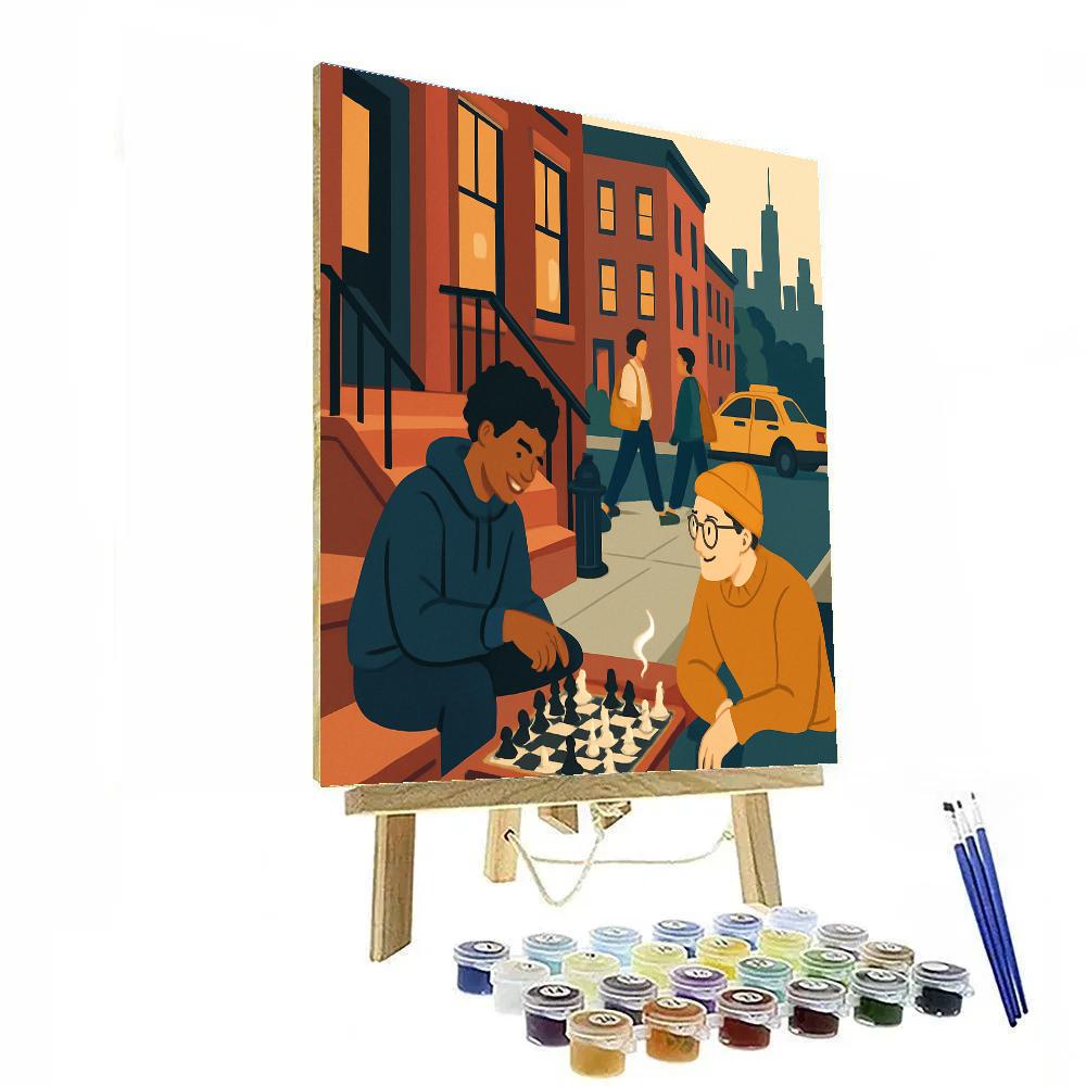 Moonlit Chess On New York Brownstone Steps paint by number