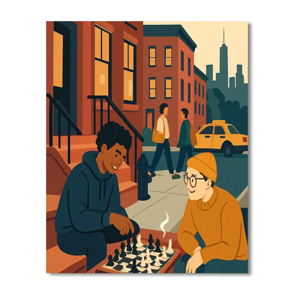 Moonlit Chess On New York Brownstone Steps paint by number
