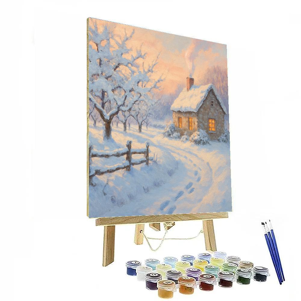 Sunrise Orchard Cottage With Steam And Snow Blossoms paint by numbers